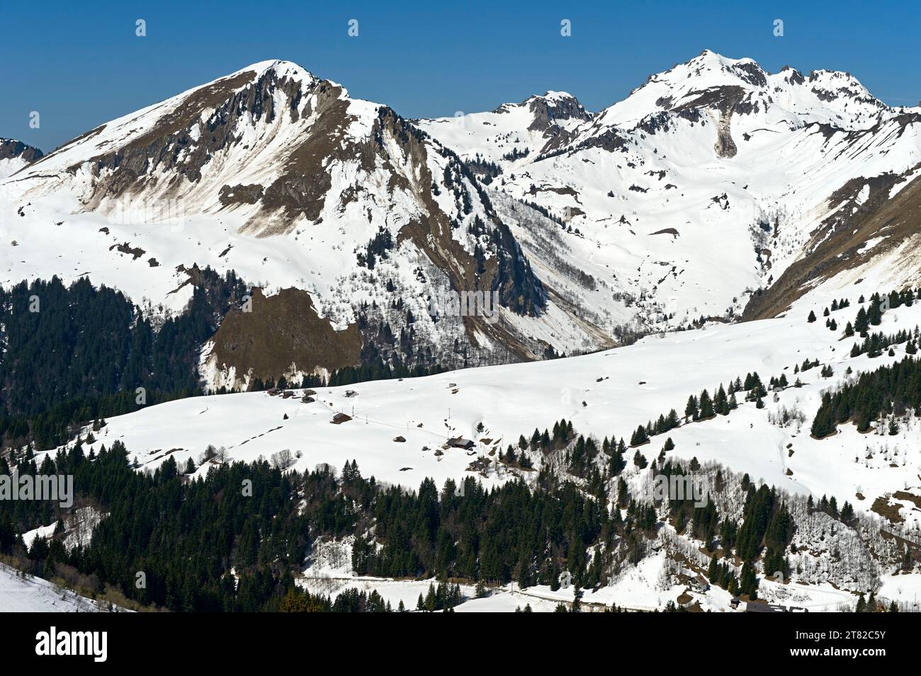 Schneebedeckte Berghänge mit Lawinen im Frühjahr, Roc d'Enfer Massiv hinten rechts, UNESCO Geopark Chablais, Les Gets, Haute-Savoie, Frankreich Stockfoto