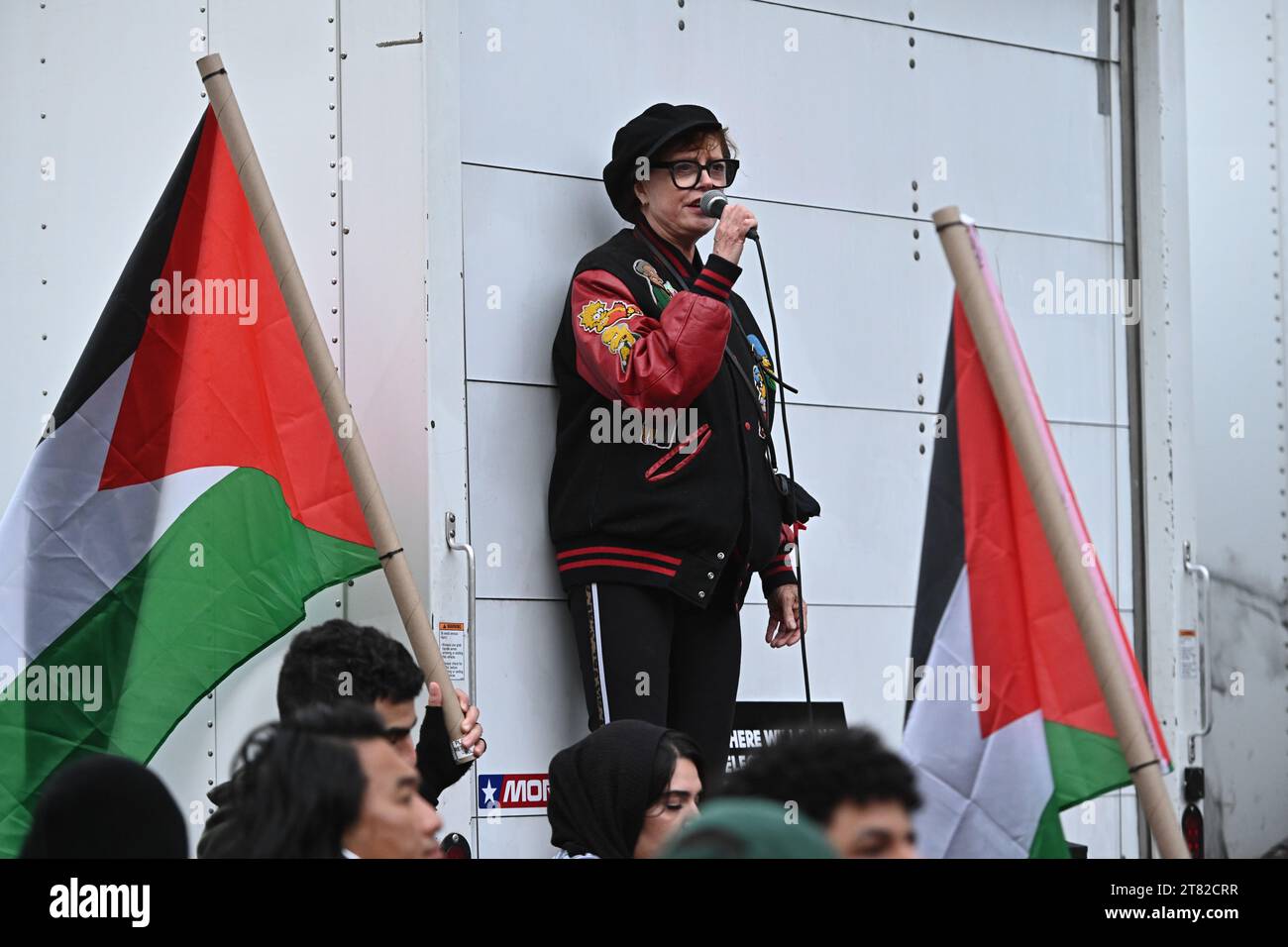 Susan Sarandon spricht auf einer pro-palästinensischen Kundgebung und marschiert am 17. November 2023 auf dem Union Square in New York City. Stockfoto
