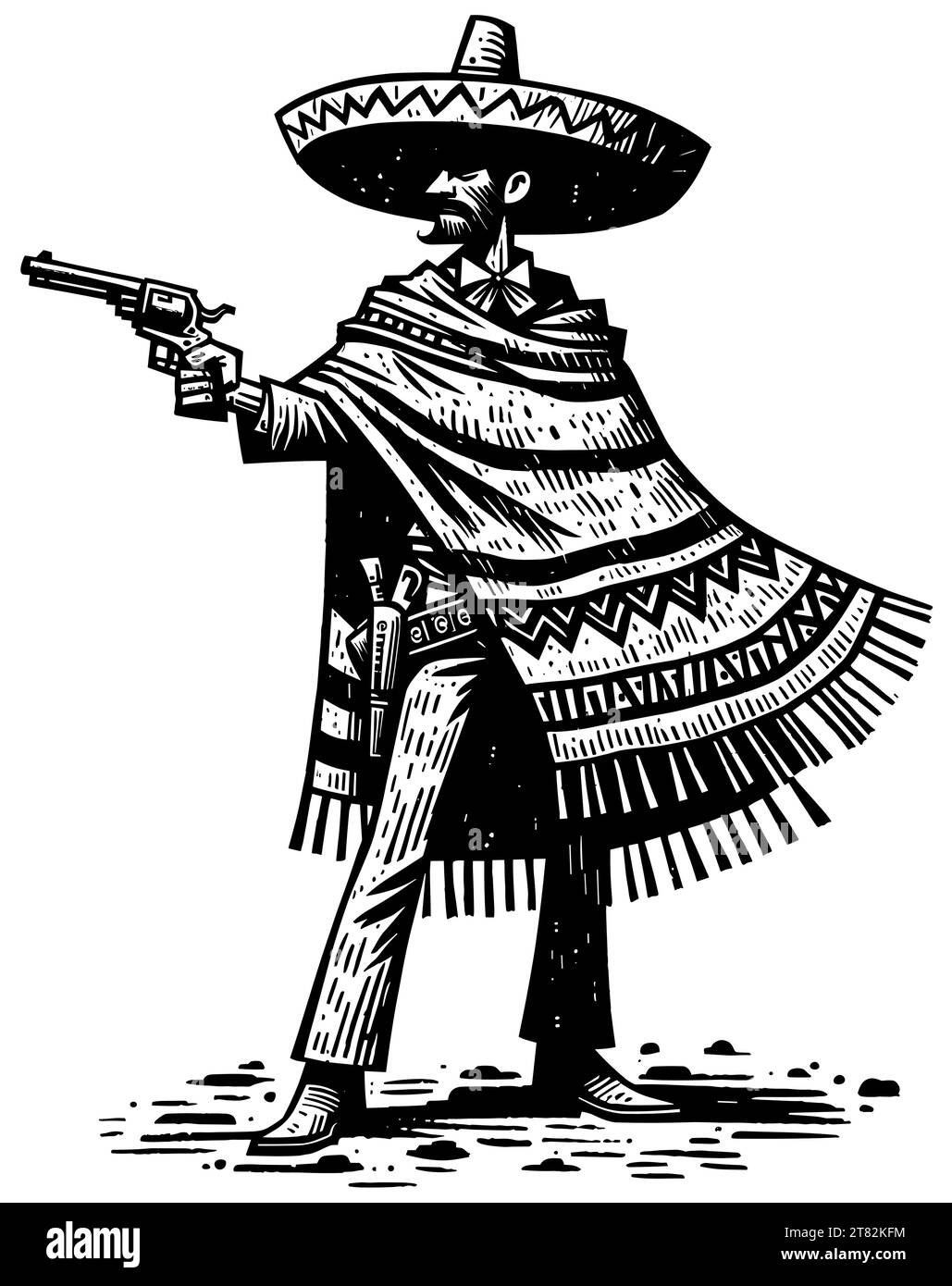 Linolschnitt-Illustration von Vaquero mit Sombrero und Poncho, die auf einen Revolver zielen. Stock Vektor