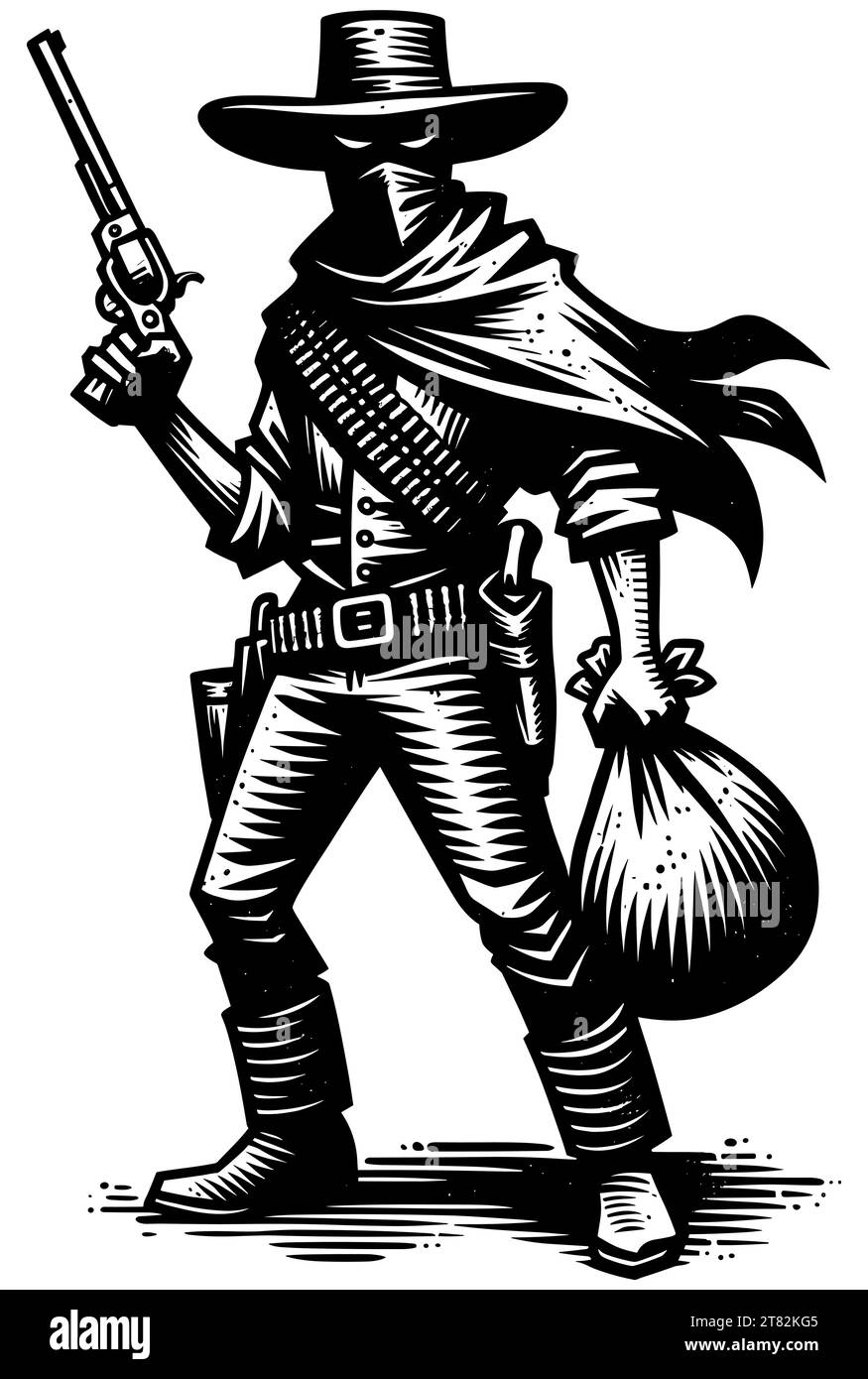Outlaw in breitkrempigem Hut mit Pistole und Beute-Sack im schwarz-weißen Holzschnitt-Stil. Stock Vektor