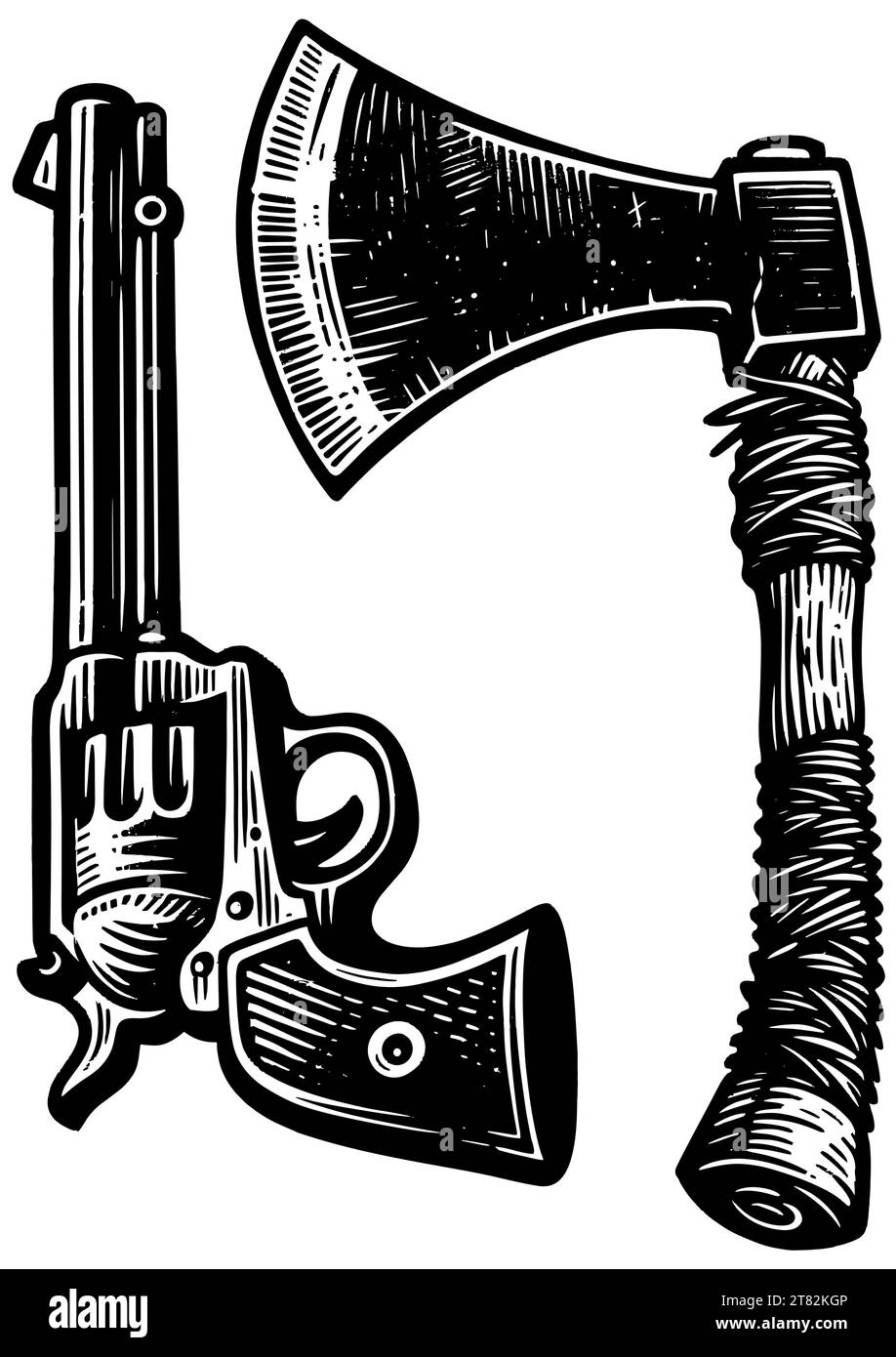 Linolschnitt-Illustration von Revolver und Tomahawk, die alte westliche Waffen symbolisiert. Stock Vektor