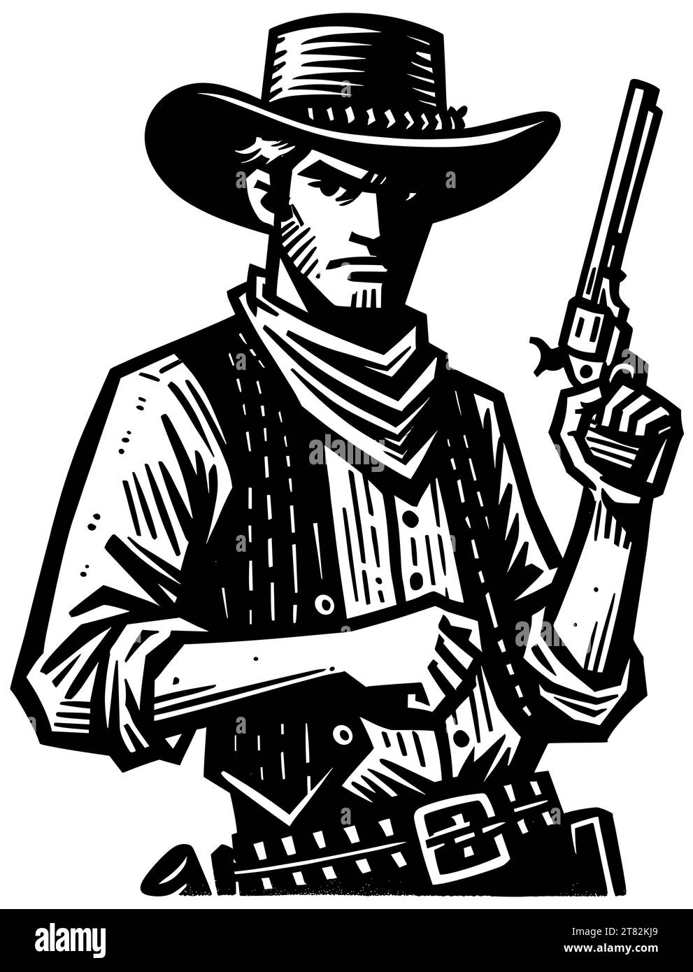 Cowboy mit Revolver im Holzschnitt, sternem Ausdruck, breitkrempiger Hut. Stock Vektor