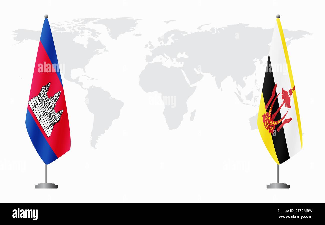 Kambodscha und Brunei Flaggen zum offiziellen Treffen vor dem Hintergrund der Weltkarte. Stock Vektor