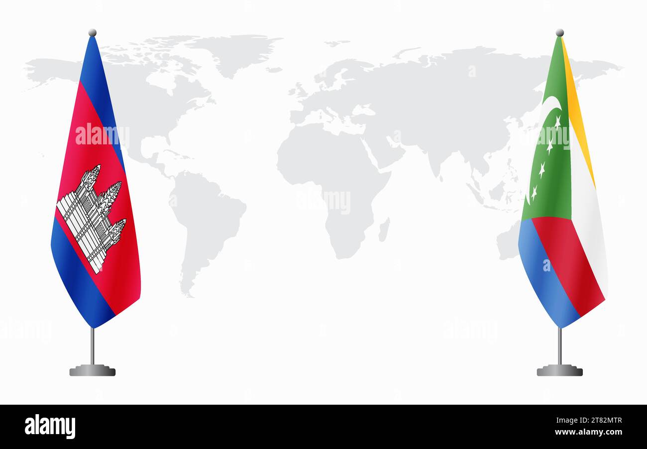 Kambodscha und Komoren Flaggen für offizielle Treffen vor dem Hintergrund der Weltkarte. Stock Vektor