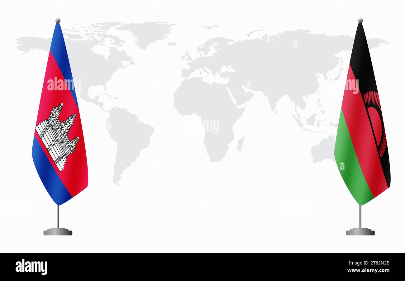 Kambodscha und Malawi Flaggen zum offiziellen Treffen vor dem Hintergrund der Weltkarte. Stock Vektor