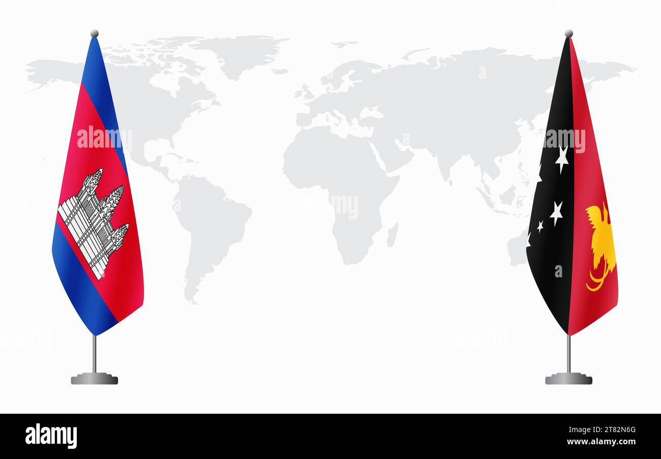 Kambodscha und Papua-Neuguinea Flaggen für offizielle Treffen vor dem Hintergrund der Weltkarte. Stock Vektor