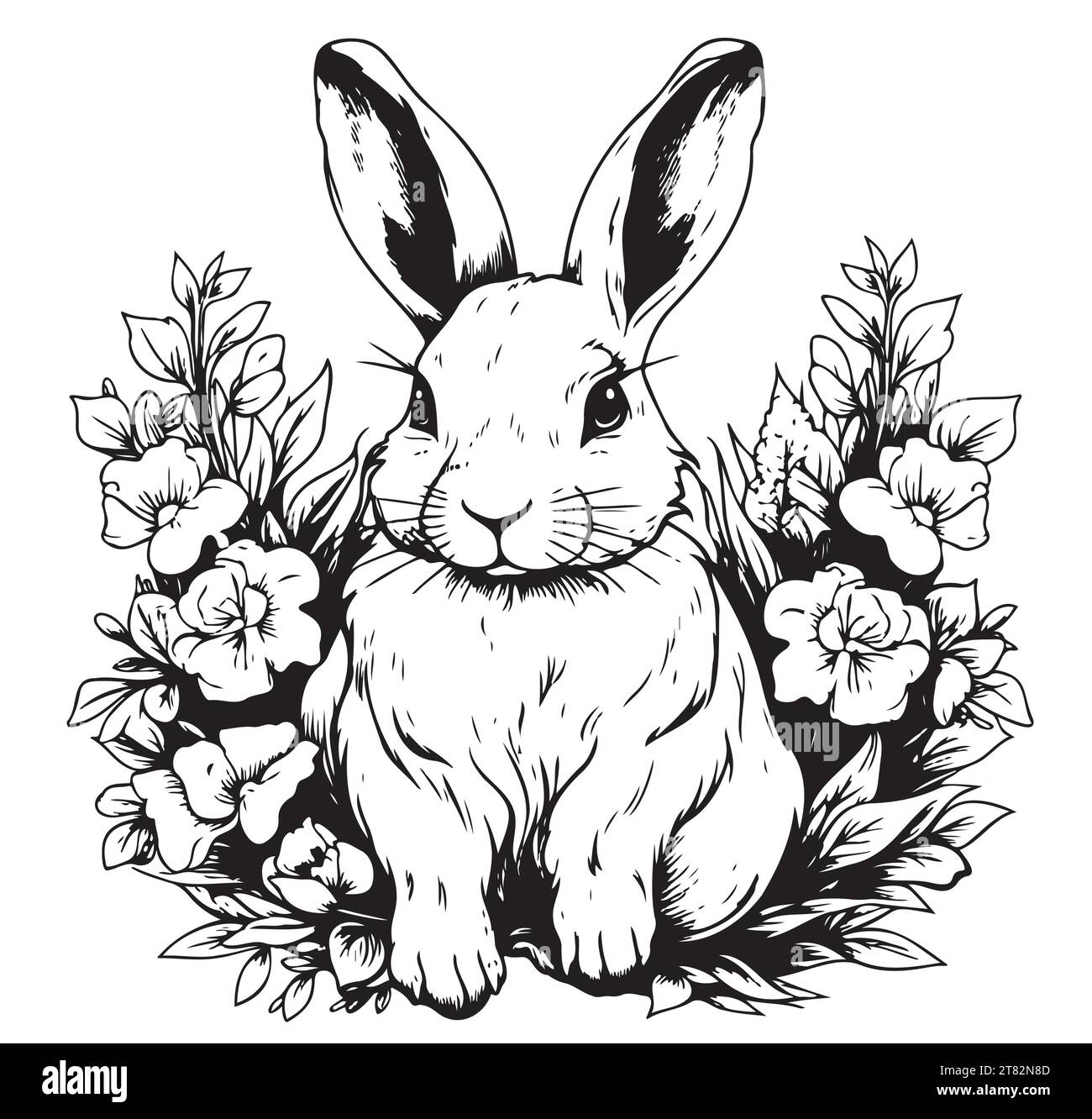 Osterhase in Blumen handgezeichnete Skizze im Doodle-Stil Comic Stock Vektor