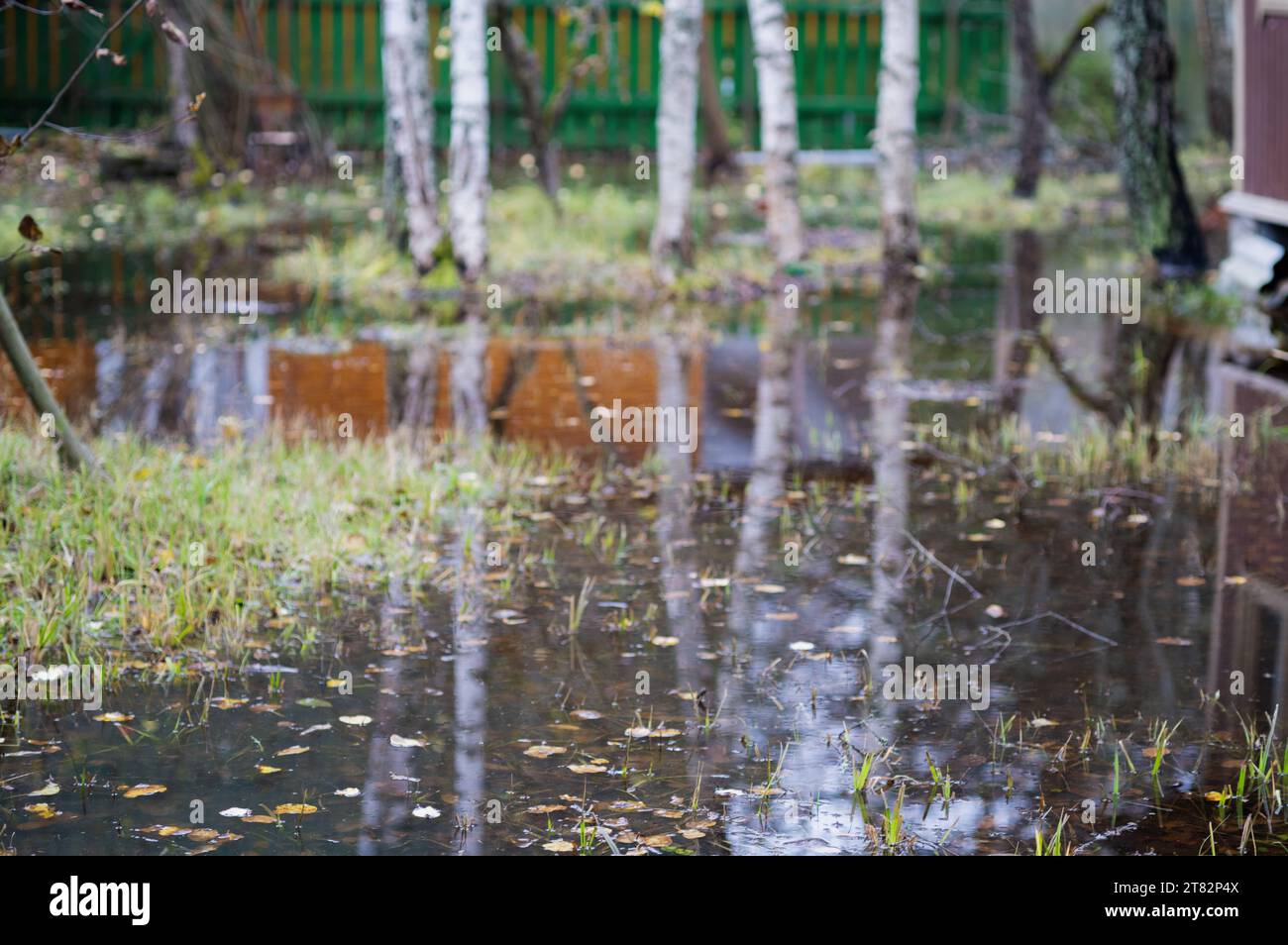 Überschwemmung auf das Stück Land nach Regen, Außenaufnahme Stockfoto