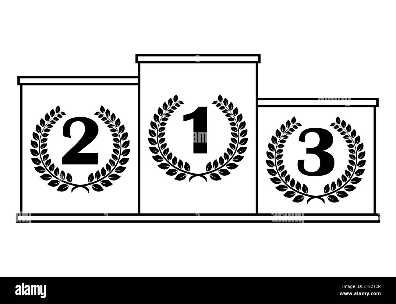 Siegerpodest mit Zahlen im Lorbeerkranz, schwarz-weiße Vektor-Illustration auf weißem Hintergrund Stock Vektor
