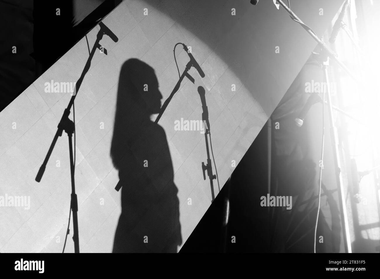 Silhouette einer Moderatorin oder Moderatorin und eine professionelle Rede oder Präsentation auf der Bühne mit Mikrofon. Stockfoto