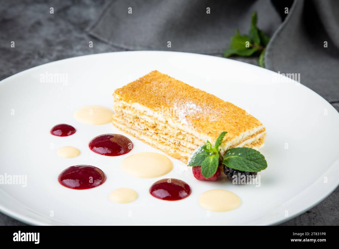 Weißer Biskuitkuchen mit Tropfen Sirup, Minze und Waldbeeren auf einer runden Tellerseite Stockfoto