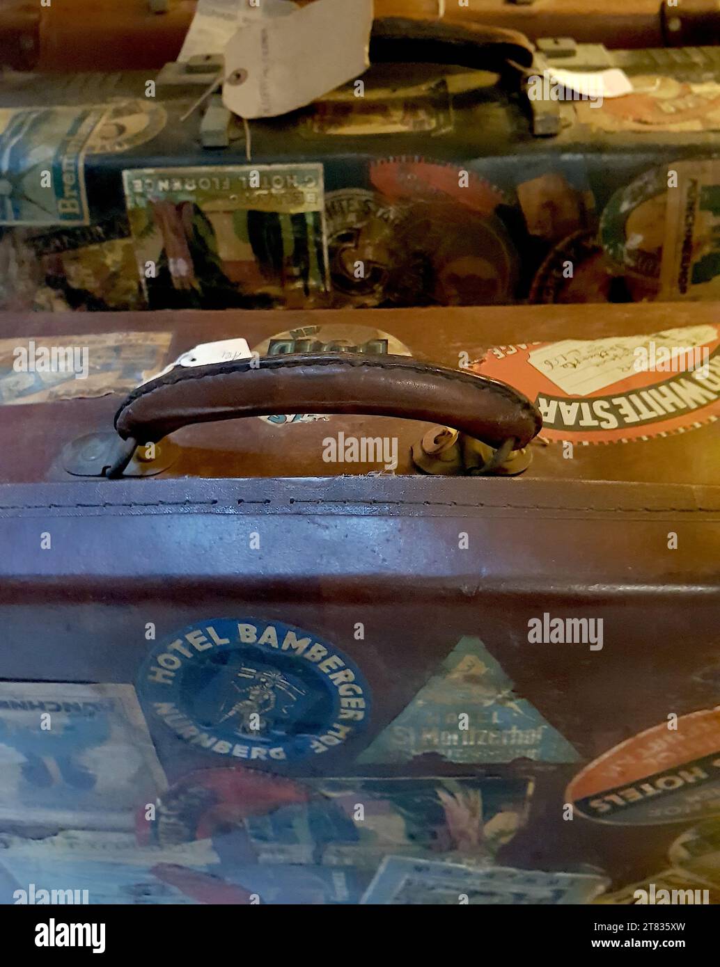 Nahaufnahme einer Ausstellung von Vintage-Reisetaschen mit Etiketten. Stockfoto