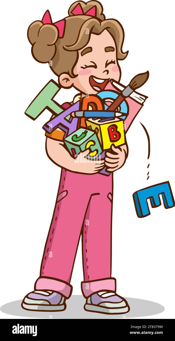Niedliches Mädchen mit Lehrmaterial in den Armen Stock Vektor