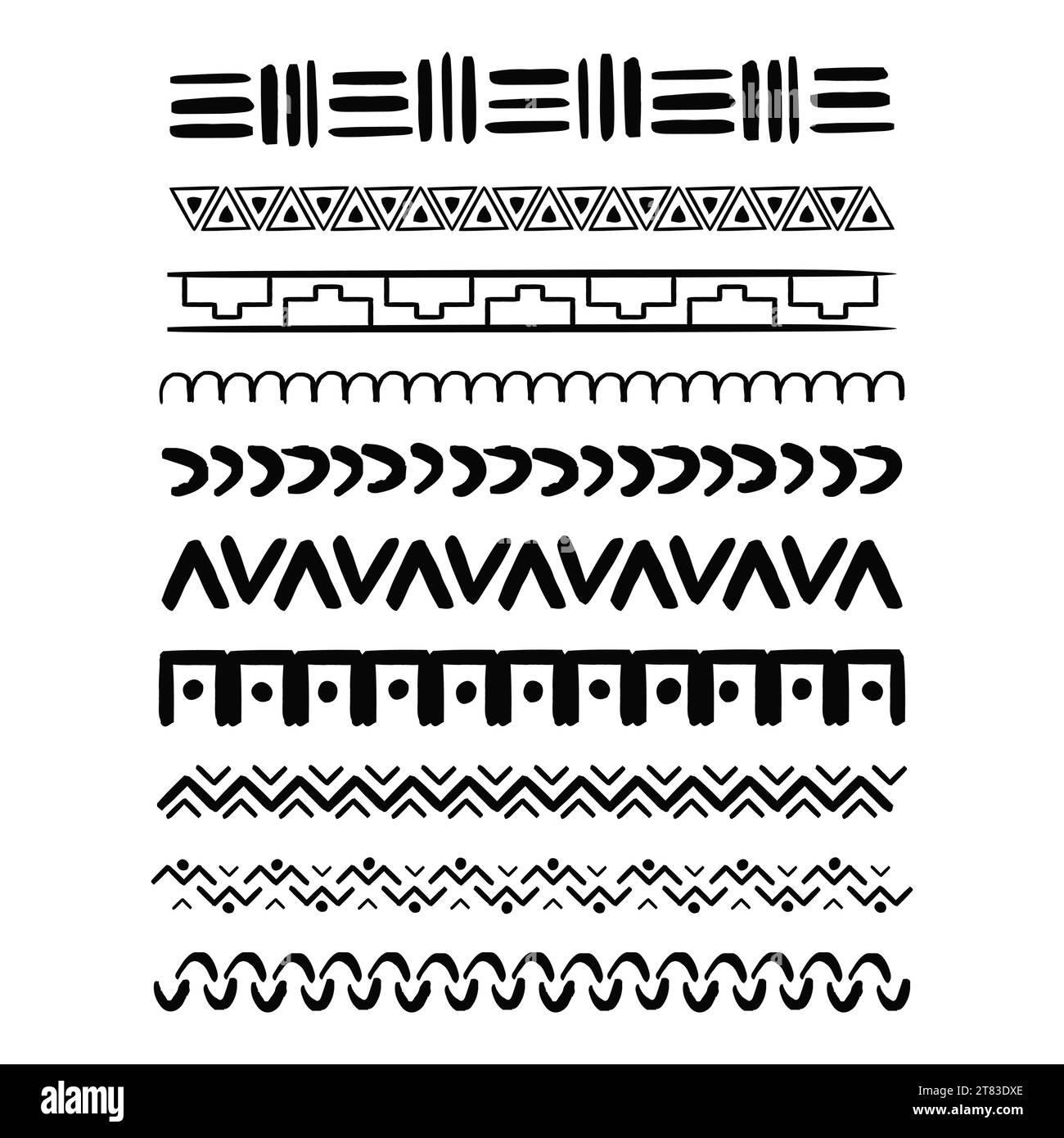 Setzen Sie die motivgrenze der afrikanischen Stammeszellen in handgezeichneter Form aus geometrischen Formen, isoliert auf weißem Hintergrund. boho scandinavian srtoke, traditionelle einheimische Einrichtung. Vektordarstellung Stock Vektor