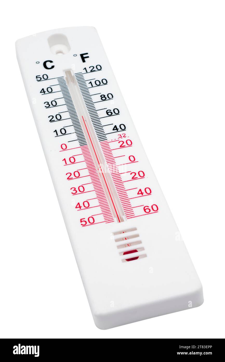 Thermometer zeigt 20 °C oder 68 °Fahrenheit an Stockfoto