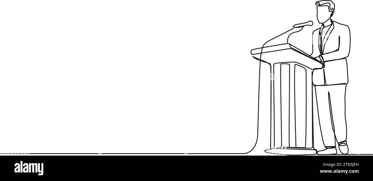 Durchgehende einzeilige Zeichnung des Lautsprechers am Rednerpult, Strichgrafik-Vektor-Illustration Stock Vektor