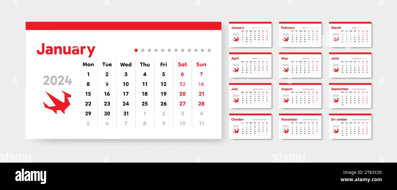 Russischer Kalender 2024. Datumsraster Montag. Horizontaler Tischplaner. Planung des Unternehmensjahres nach Wochen. Einfacher roter Drache. Organizer-Papierbögen. Modern Stock Vektor