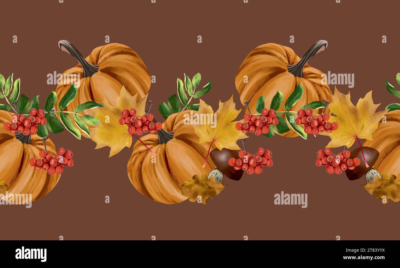 Kürbisse, herbstliche Ahornblätter, vogelbeeren, Pilze. Nahtloser Vektorrand in Wellenform. Herbstverkäufe, Grußkarten, Banner, Flyer. Stock Vektor