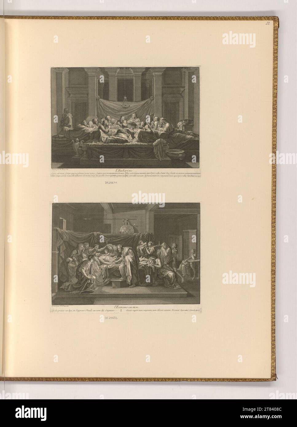 Unbestimmte Eucharistie; extreme Salbung. Kupferstich, Ätzung 1676-1703 , 1676/1703 Stockfoto