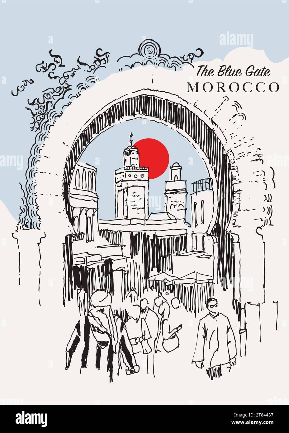 Vektor Hand gezeichnete Skizze Illustration des Blauen Tores in Fès, Marokko. Stockfoto