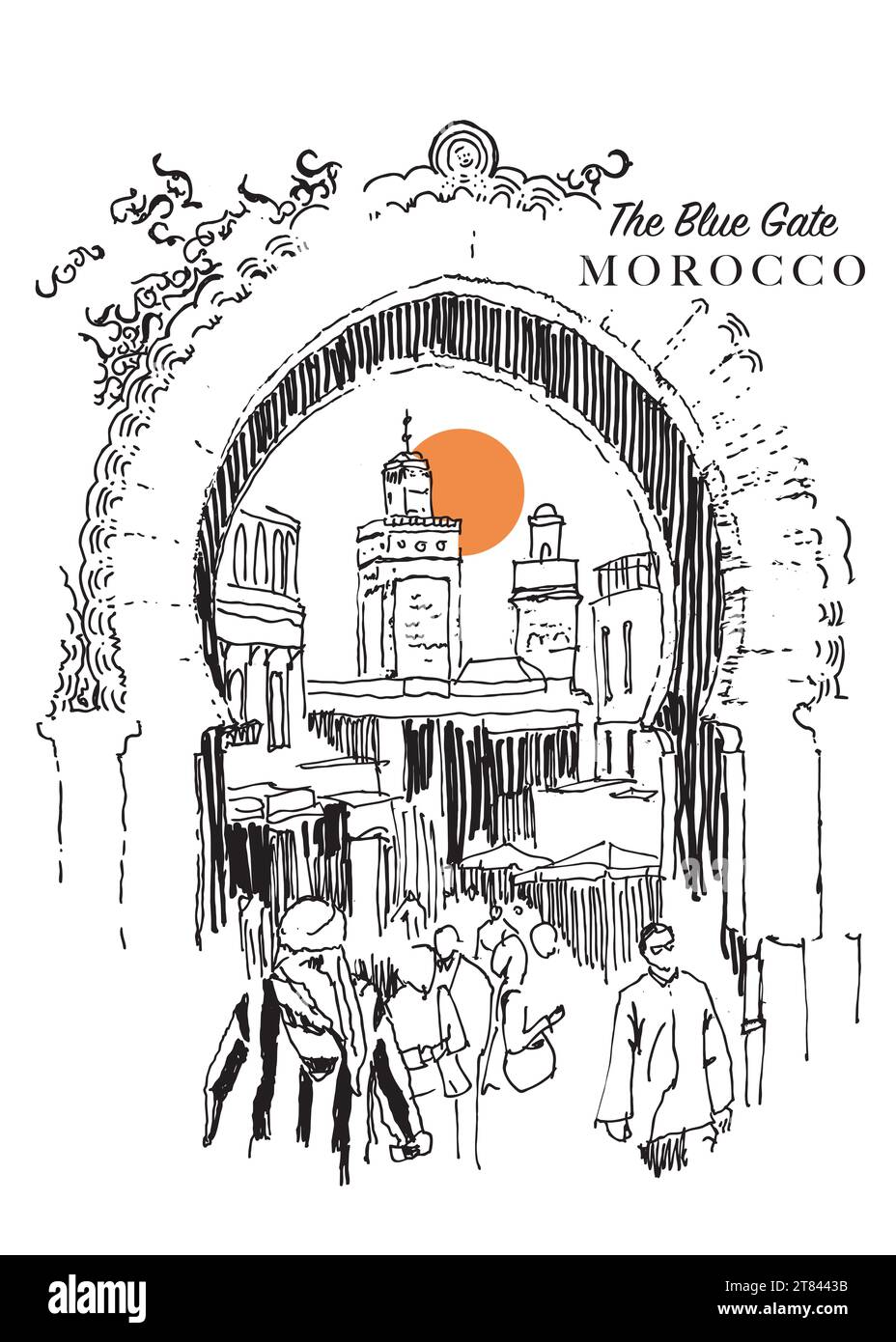 Vektor Hand gezeichnete Skizze Illustration des Blauen Tores in Fès, Marokko. Stockfoto