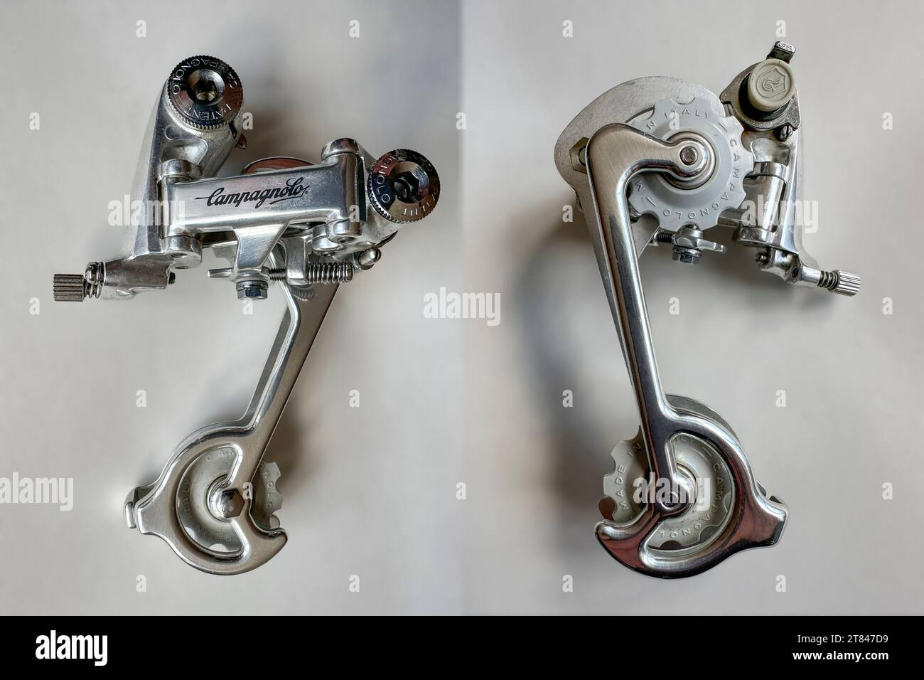 Ein seltener Hinterradmechanismus von Campagnolo Rally aus der Mitte der 1980er Jahre Dies ist die letzte dritte Auflage, bevor sie eingestellt wurde. Neuer alter Bestandszustand. Stockfoto
