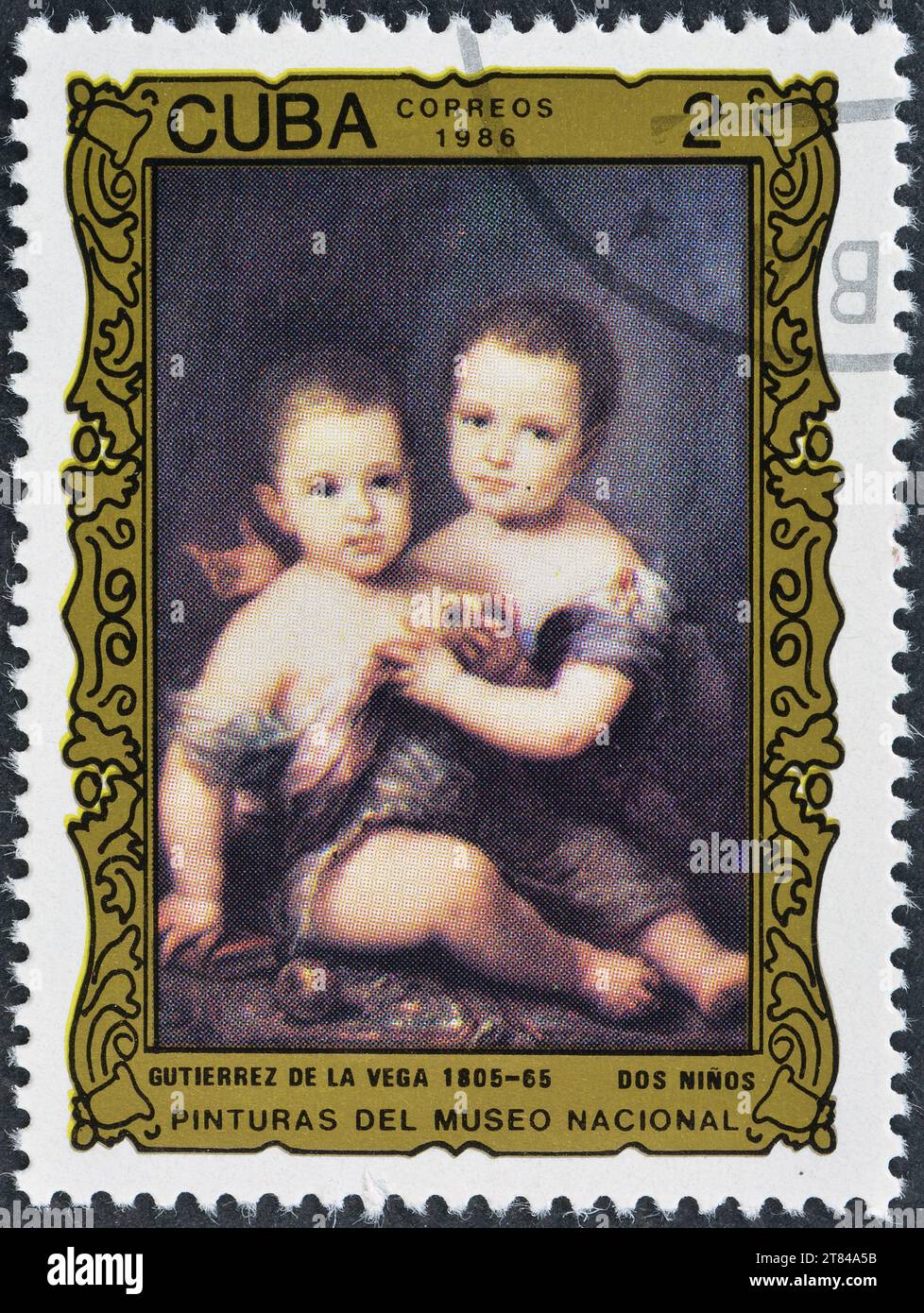 Gestempelte Briefmarke, gedruckt von Kuba, auf der Gemälde zwei Kinder, Gutierrez de la Vega (1805–1865), Gemälde aus dem Nationalmuseum, circ, zu sehen sind Stockfoto