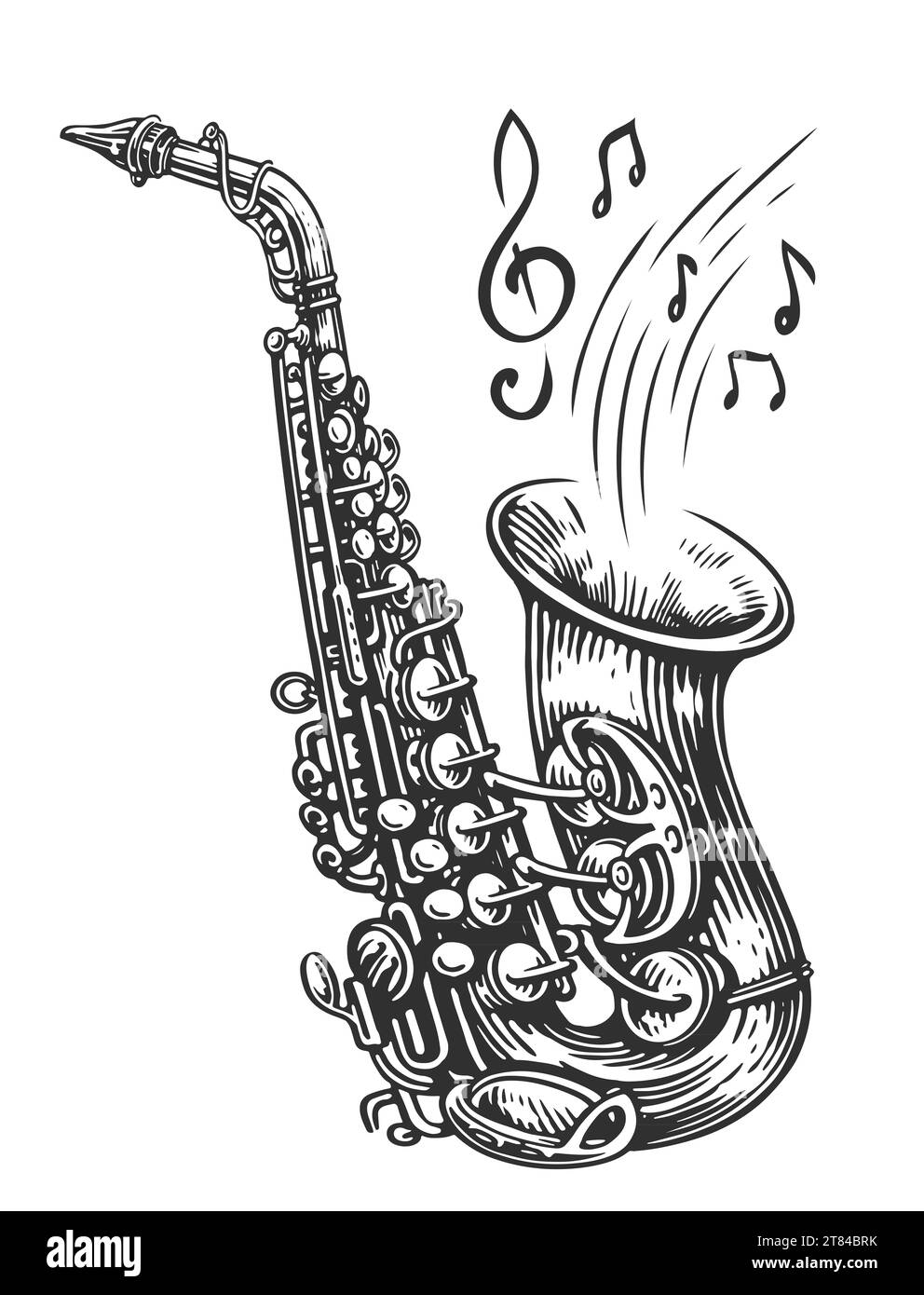 Saxophon mit Noten, die herauskommen. Live-Jazz-Musik, Vintage-Illustration Stockfoto