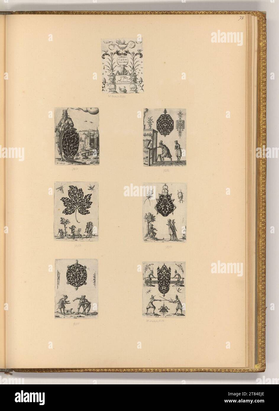 Jean Toutin (Engraver) Schmuckdesigns mit kleinen Szenen. Kupferstich 1618-1619 , 1618/1619 Stockfoto
