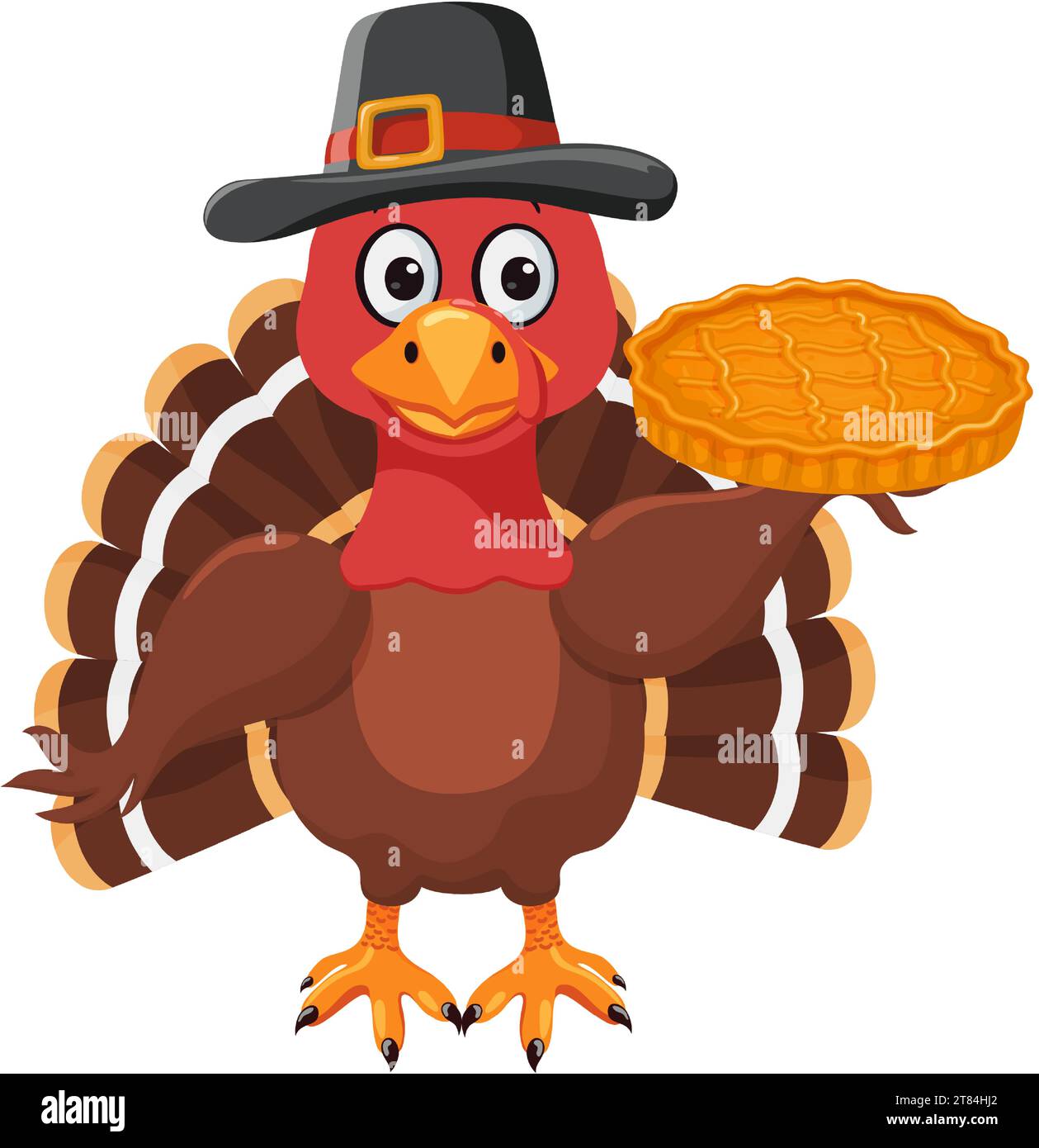 Thanksgiving truthahn Vogel mit Pilgermütze hält einen Kürbiskuchen. Traditionelles amerikanisches, kanadisches Symbol für Happy Thanksgiving Day. Niedlicher Charakter. V Stock Vektor