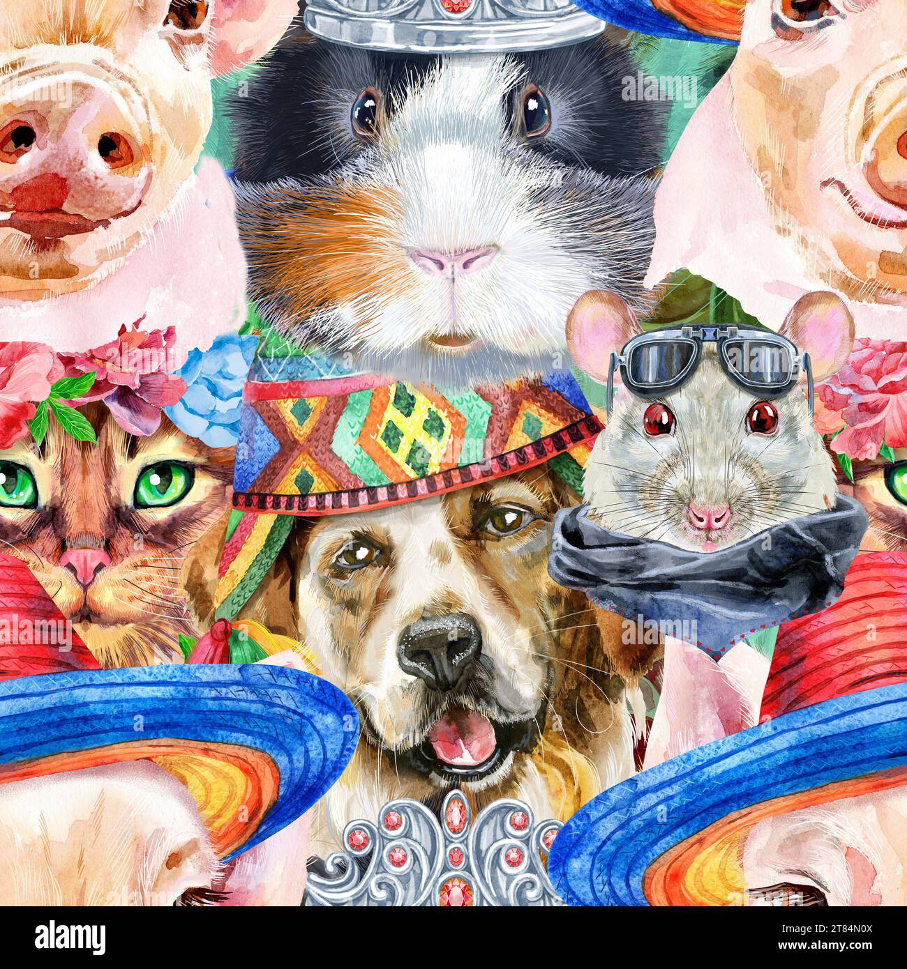 Nahtloses Muster für Haustiere. Handbemalte Aquarellzeichnung, isolieren Sie ClipArt auf weißem Hintergrund. Stockfoto