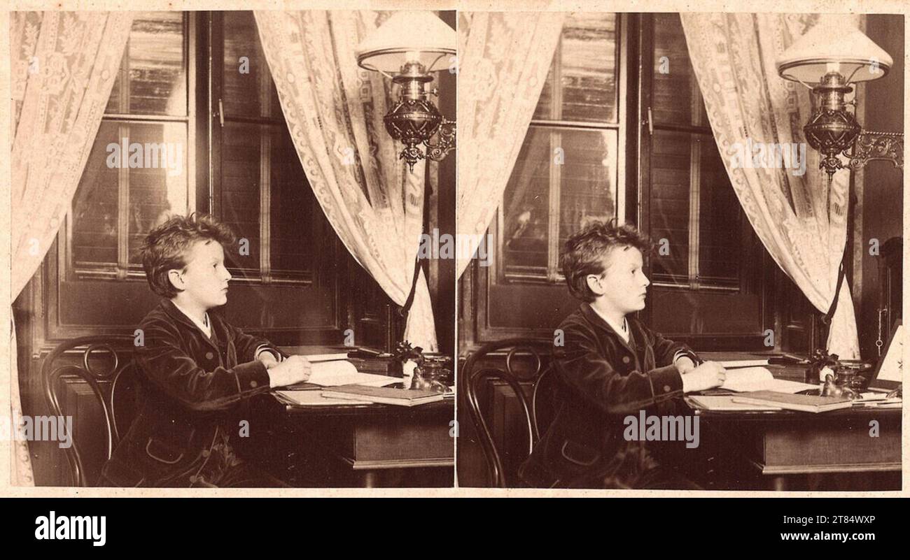 Julius Hofmann Stereo-Fotografie eines lernenden Jungen. Albuminpapier, auf einer unterirdischen Box und Tableau / Stereoformat 1889 , 1889 Stockfoto