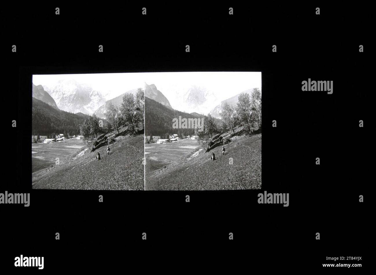 Johann Friedrich Schmid in den Bergen. Diapositiv/Stereo-Format, Glasziegel um 1900 Stockfoto