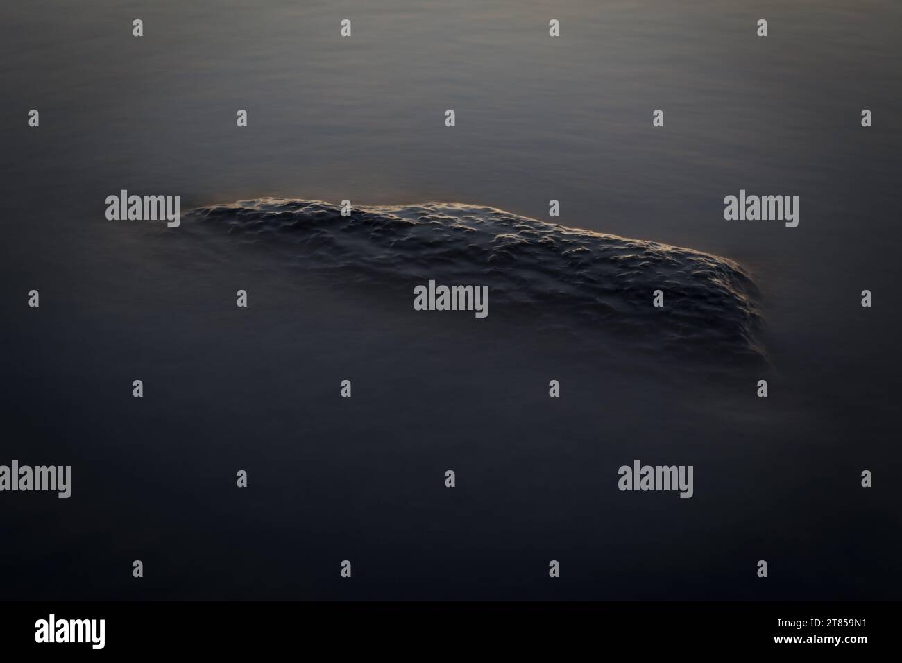 Einzelner Felsbrocken, der aus dem glatten Wellenmeer ragt. Reflexion des goldenen Sonnenuntergangs an den Felsrändern, graue atmosphärische Schattierungen von dunklem Wasser Stockfoto
