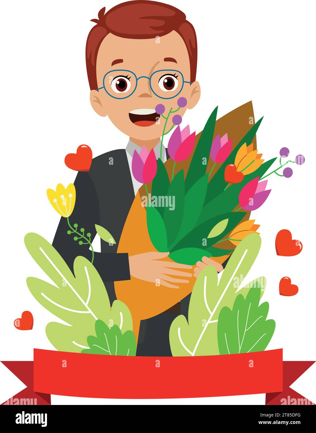 Happy Teacher's Day-Poster Hintergrundkonzept. Hübsche Lehrerin, die Geste mit wunderschönem Blumenschmuck und Liebesherz erklärt Stock Vektor