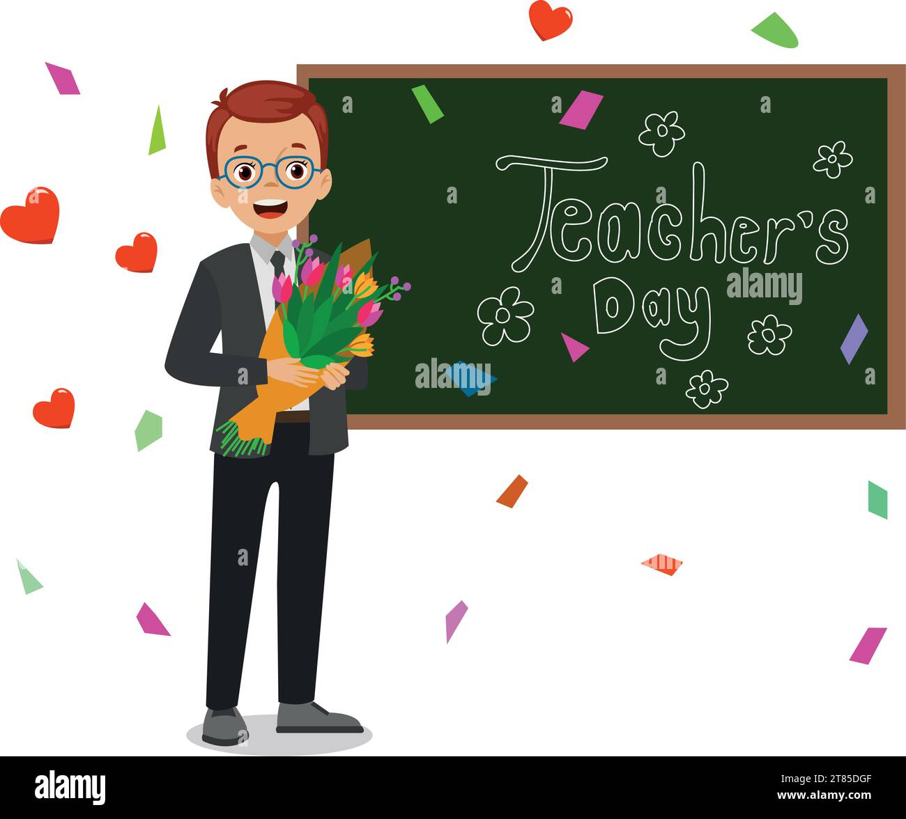 Happy Teacher's Day-Poster Hintergrundkonzept. Hübsche Lehrerin, die Geste mit wunderschönem Blumenschmuck und Liebesherz erklärt Stock Vektor