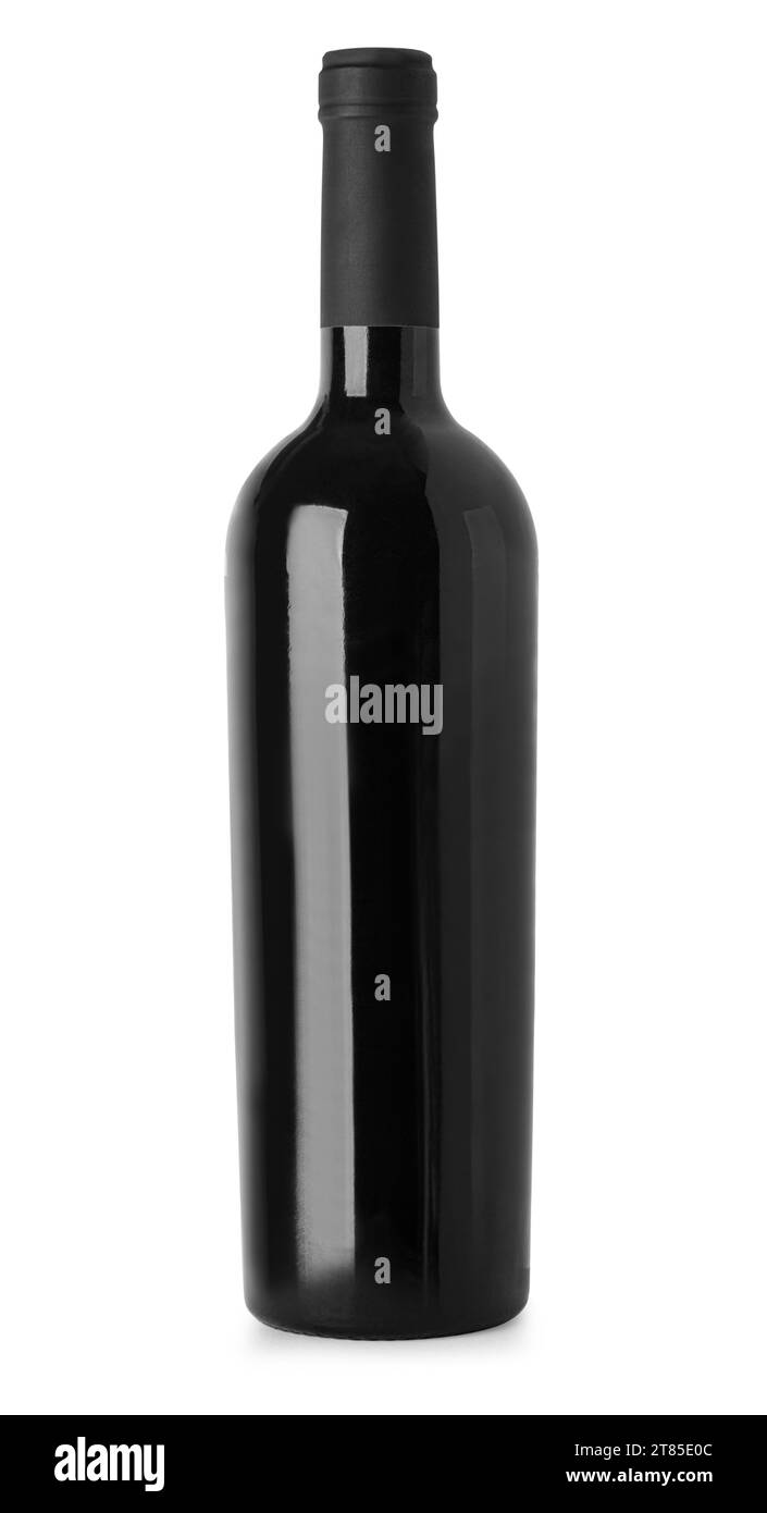 Flasche Rotwein isoliert auf weißem Hintergrund mit Schnittpfad Stockfoto