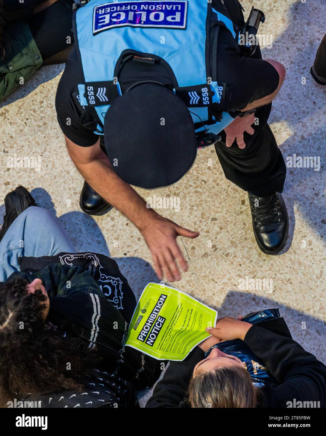 London, Großbritannien. November 2023. Palästinenser protestieren und fordern jetzt eine Waffenruhe in Waterloo, obwohl die Polizei eine Mitteilung gemäß Abschnitt 14 ausstellt. Die Menge reagiert weiterhin auf den jüngsten Ausbruch der Gewalt und die israelische Reaktion im Gazastreifen. Der Protest wurde von Stop the war, der Palestine Solidarity Campaign UK und Friends of Al Aqsa organisiert. Guy Bell/Alamy Live News Stockfoto