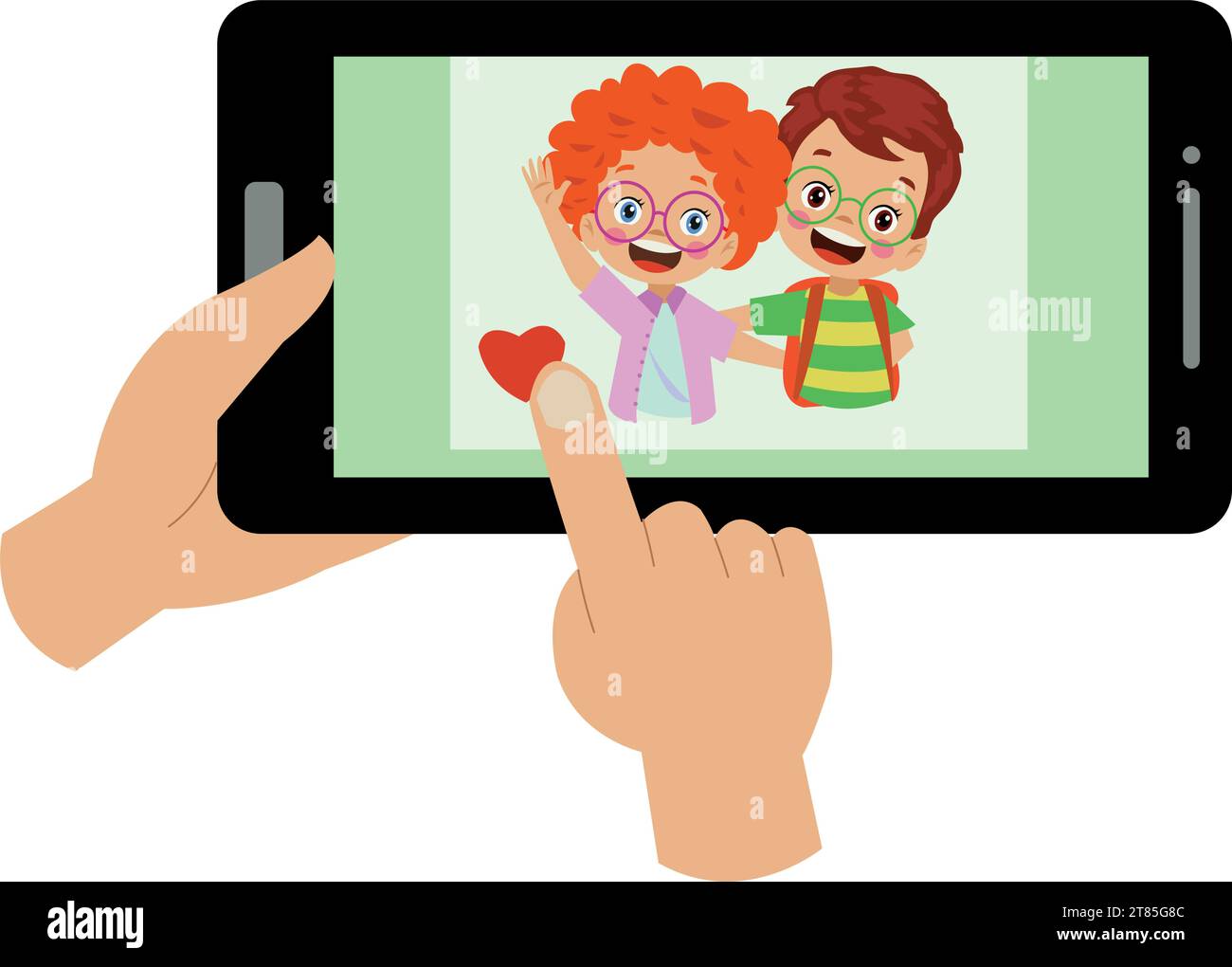 Videokonferenz. Niedliches kleines Kind, das ein Tablet für Videogespräche mit einem Freund verwendet. Kinder glücklich lächeln mit Internet-Technologie zum Sprechen. Mädchengesicht auf sc Stock Vektor
