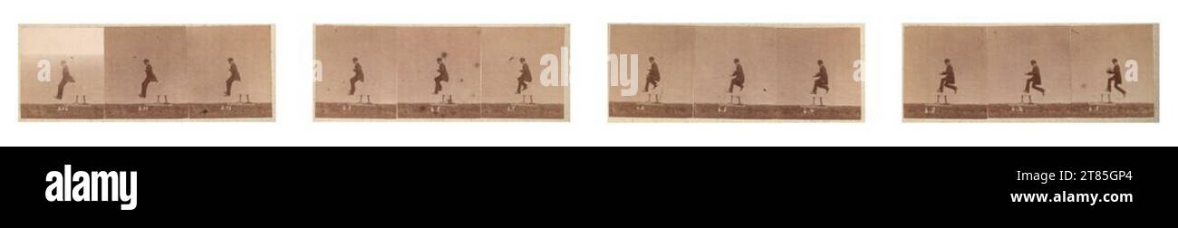 Ottomar Anschütz Mann mit Bowler springt über einen Hocker. Albumenpapier auf der Basisbox / VISIT-Format 1885 , 1885 Stockfoto