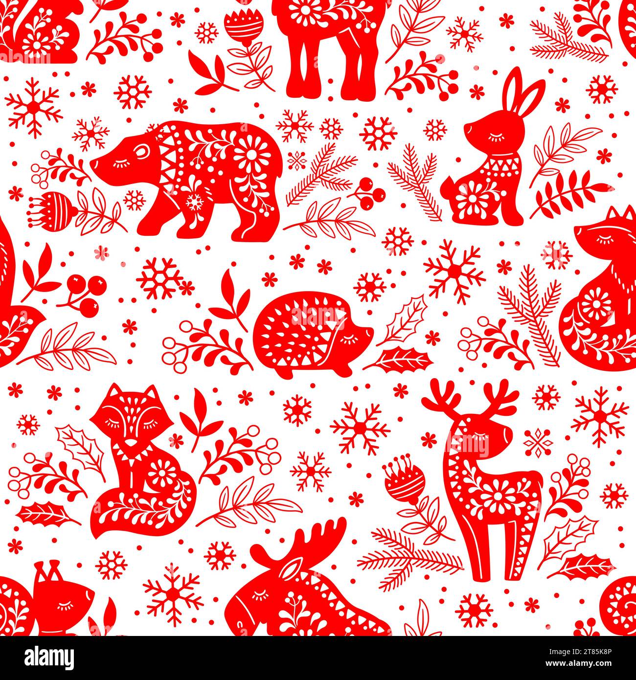 Nahtloses Vektormuster. Verzierte rote Silhouetten von Waldtieren Hirsch, Bär, Elch, Fuchs, Hase, Eichhörnchen, Igel unter Blumen auf weißem Hintergrund Stock Vektor