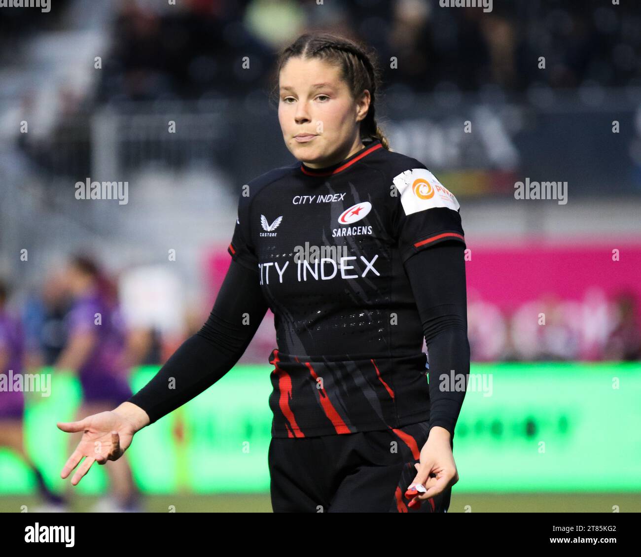 LONDON, Großbritannien – 18. NOVEMBER 2023: Jess Break während eines Premiership Women's Rugby Engagements zwischen Saracens und Loughborough Lightning im StoneX Stadium. Stockfoto