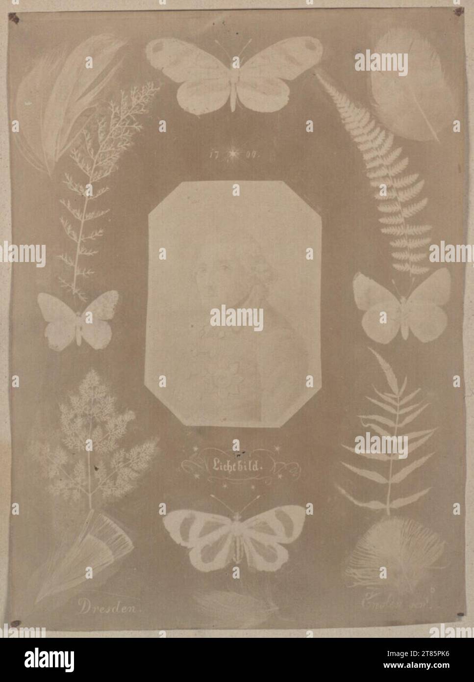 Johann Carl Enslen Porträt Friedrichs des Großen von Preußen mit Schmetterlingen, Federn und Gräsern in der Randabbildung. Fotogene Zeichnung auf Salzpapier, auf der Box 1839 , 1839 Stockfoto