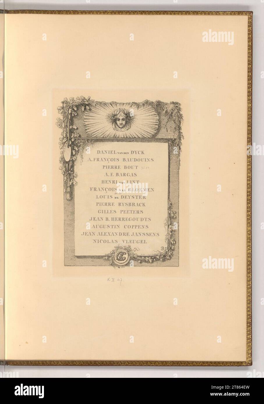 Joseph Fischer (ausführende r Künstler in) Daniel van den Dyck; A. Francois Baudouins; Pierre Bout; A. F. Bargas; Henri van Lint; van Bloemen; Louis de Deyster; Pierre Rysbrack; Gilles Peeters; Jean B. Herregoudts; Augustin Coppens; Jean Alexandre Janssens; Nicolas Wing. Ätzen, Feder, Bleistift nach 1822 Stockfoto