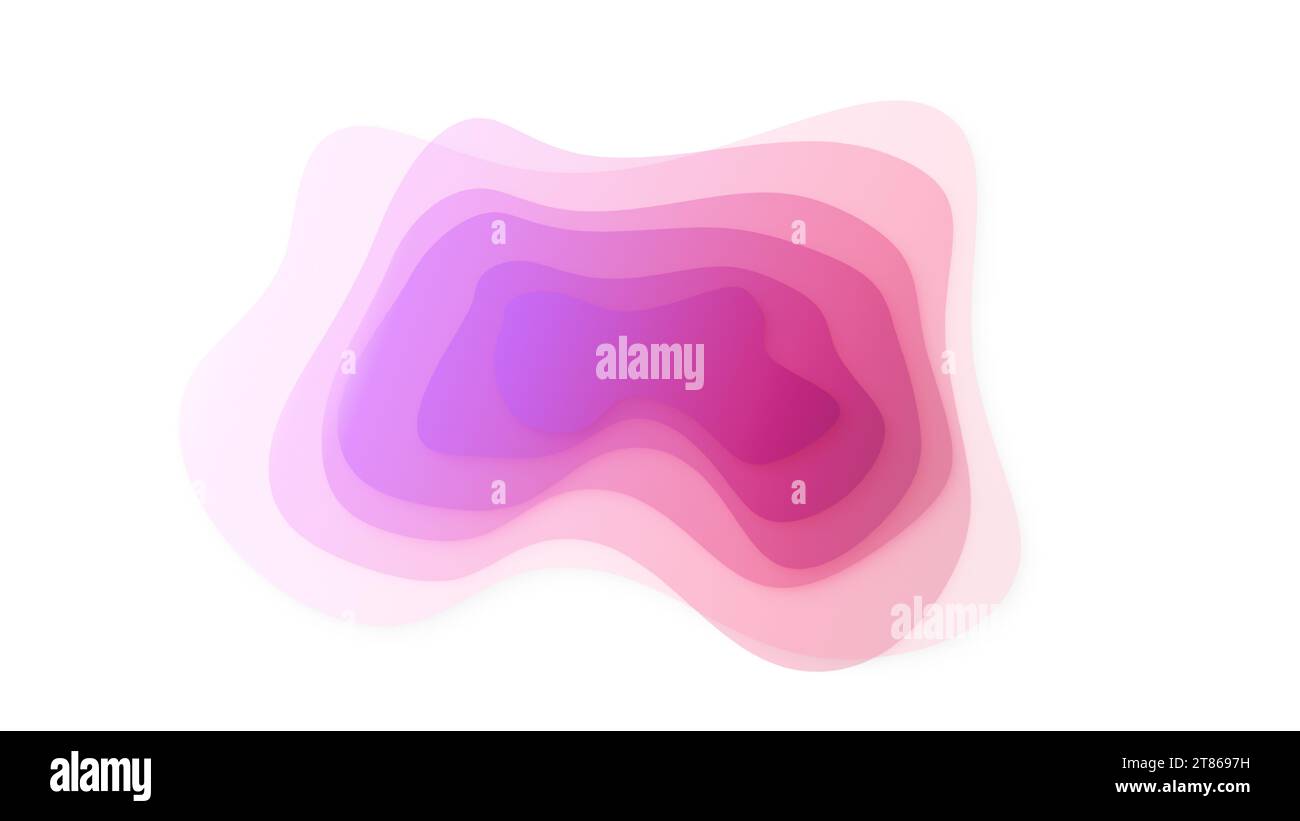 Ungleichmäßige, mehrschichtige, transparente, überlappende und farbenfrohe Flecken rosa und lila geometrischer Formen auf weiß. Abstrakte Designvorlage mit leuchtenden Farben Stockfoto