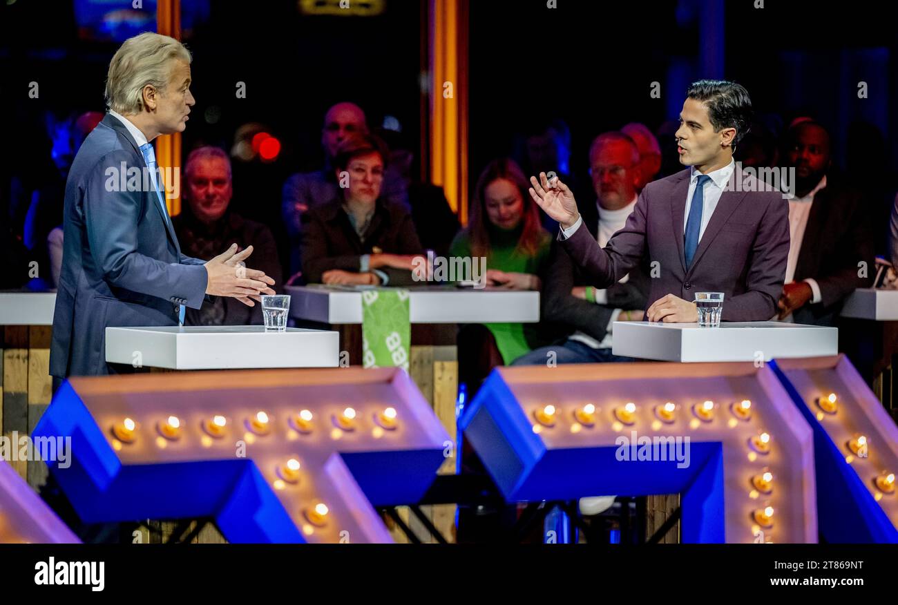 EINDHOVEN - Geert Wilders (PVV) und Rob Jetten während der Debatte über den Süden in der Evoluon. Drei regionale Rundfunkanstalten organisierten die Debatte im Vorfeld der Wahlen zum Repräsentantenhaus zu Themen in Brabant, Limburg und Zeeland. ANP ROBIN UTRECHT niederlande raus - belgien raus Stockfoto