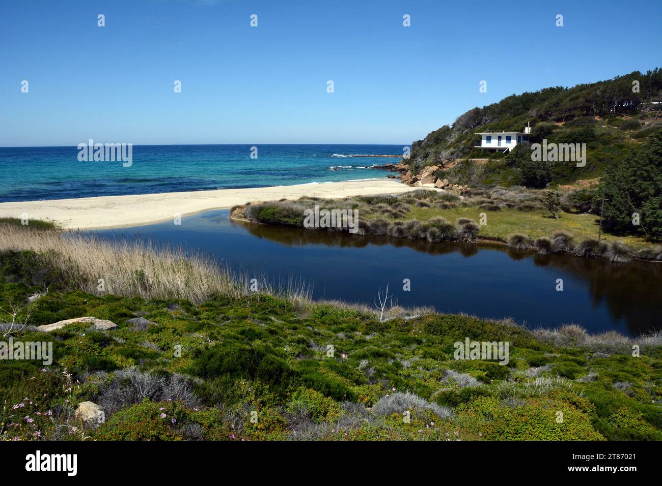 Die Mündung des Flusses Gialiskari und Mesakti Beach an der Nordküste der griechischen Insel Ikaria, einer „blauen Zone“ in der Ägäis in Griechenland. Stockfoto