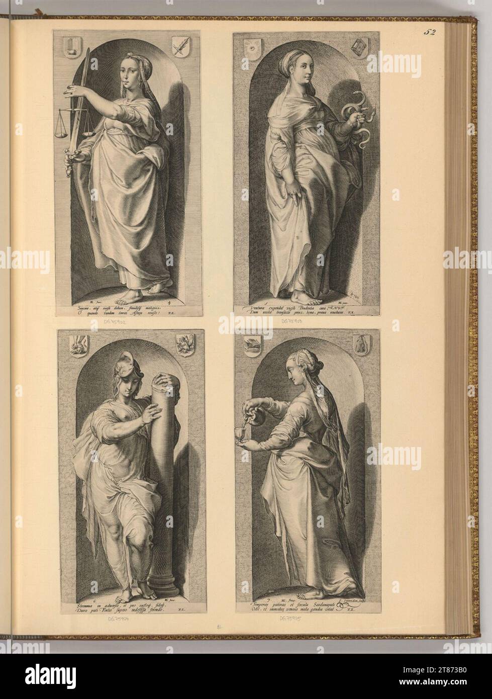 Jacob Matham (Gravierer) die sieben Tugenden. Kupferstich 1593 , 1593 Stockfoto