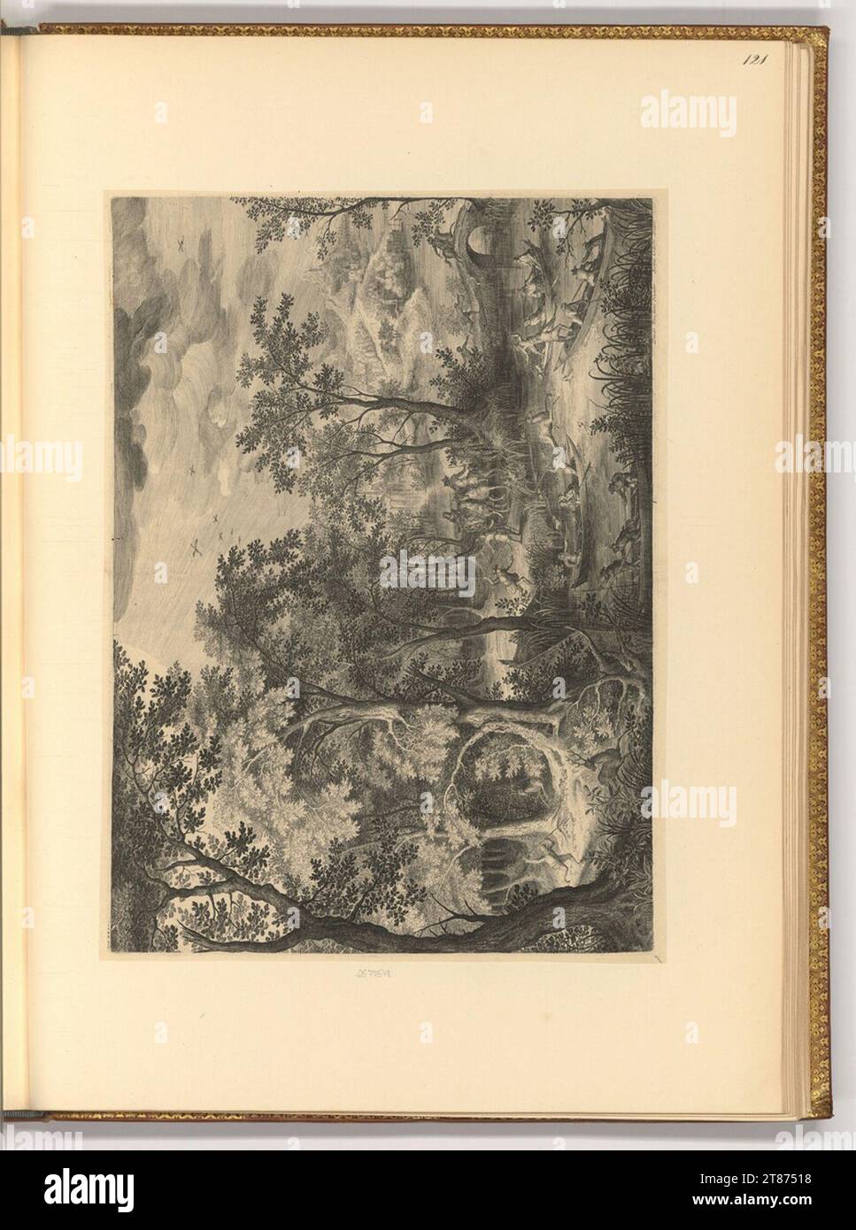 Jan van Londerseel (Gravierer) Landschaft mit Hirschjagd. Kupferstich 1590-1624 , 1590/1624 Stockfoto