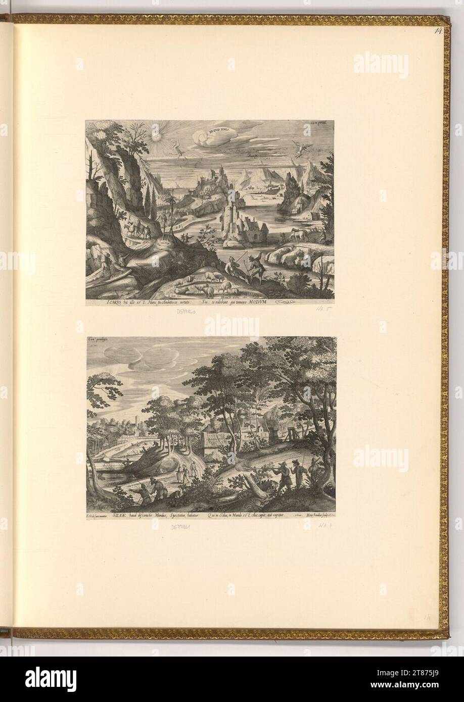 Hendrik Hondius der Ältere Landschaft mit dem Fall des Ikarus; Landschaft mit Jägern. Kupferstich 1600 , 1600 Stockfoto